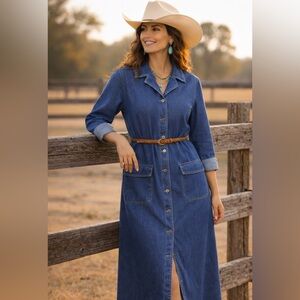 Bill Blass Vtg 90s Denim Maxi Dress M/L